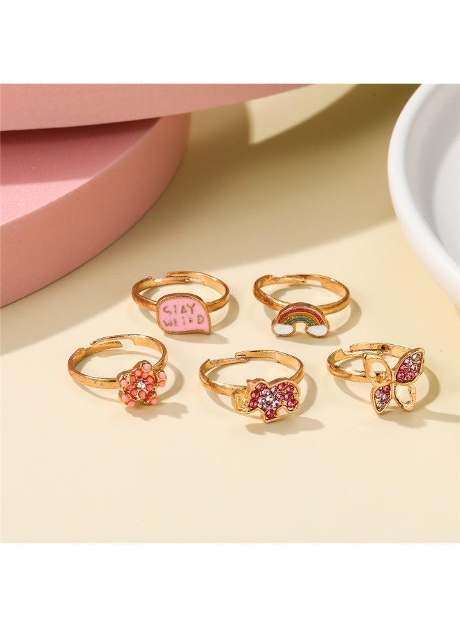 5-Piece Cartoon Ring Set Children's Adjustable Rings Pink - Image 4