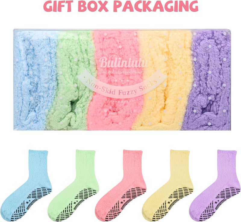 Bulinlulu Fuzzy Socks with Grips for Women 5-Pairs Non Slip Sleep Warm Fluffy Slipper Socks with Grippers for Women - Image 2