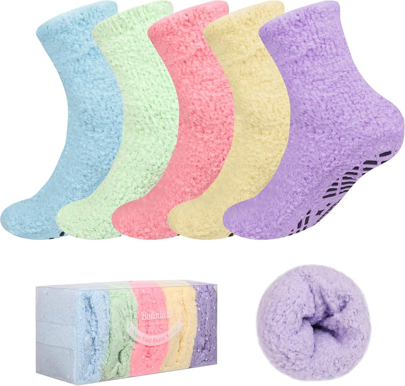 Bulinlulu Fuzzy Socks with Grips for Women 5-Pairs Non Slip Sleep Warm Fluffy Slipper Socks with Grippers for Women - Image 1