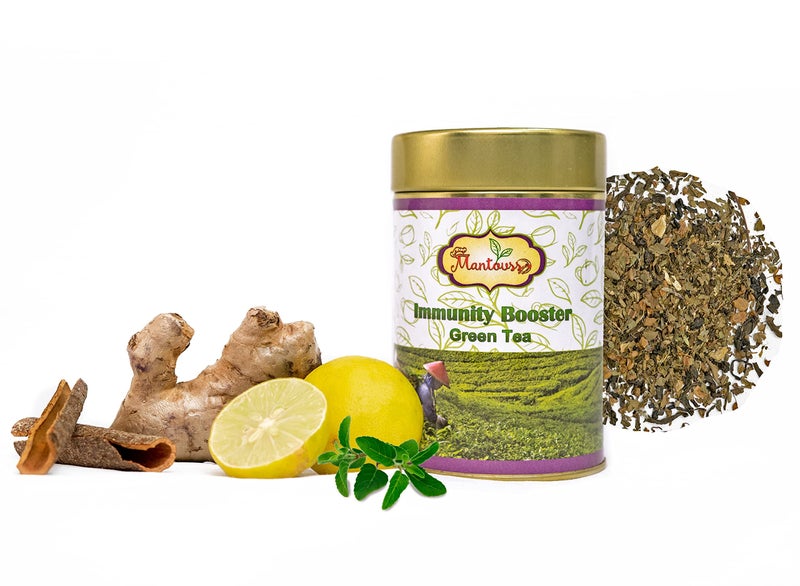 MANTOUSS Rakhi for brother and bhabhi with gift/Green tea gift/Immunity boosting green tea with added lemon, tulsi, cinnamon and ginger-50gms green tea in Tin container +1 pair rakhi + roli and chawal - Image 2