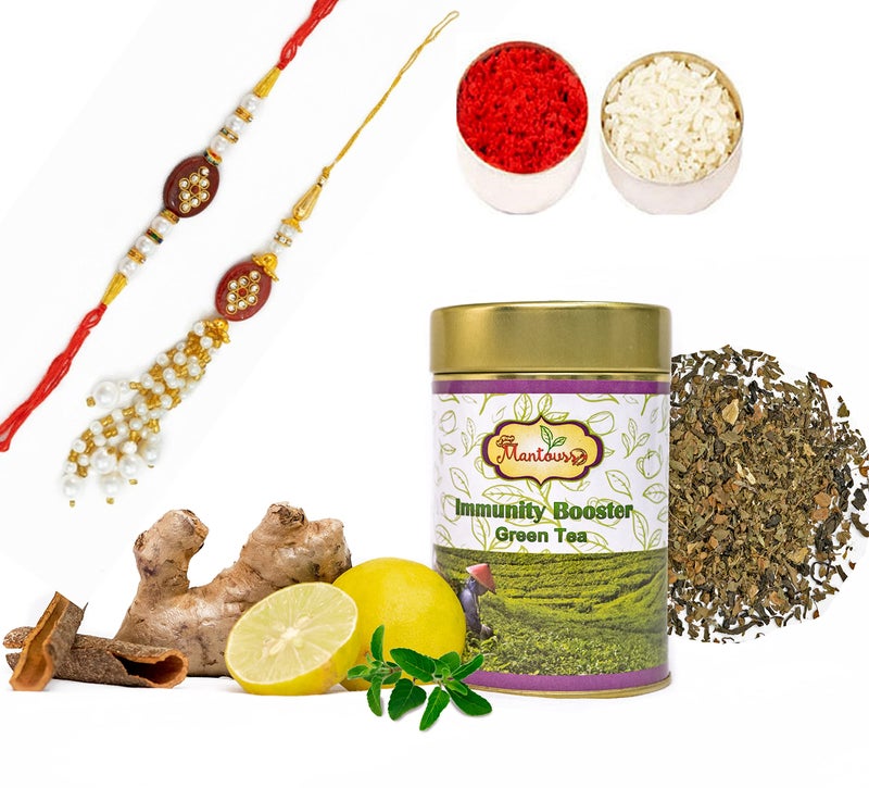 MANTOUSS Rakhi for brother and bhabhi with gift/Green tea gift/Immunity boosting green tea with added lemon, tulsi, cinnamon and ginger-50gms green tea in Tin container +1 pair rakhi + roli and chawal - Image 1