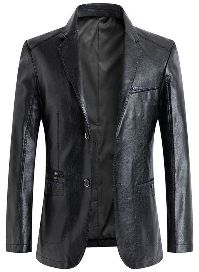 Loquat Men's Regular Fit Button Slim Business Lambskin Leather Blazer Suit Jacket Black 