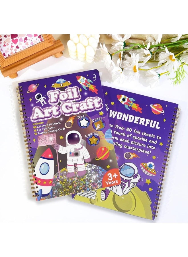 Capstro Foil Art Craft Sticker Book – Astronaut Magic Art Album | 16 Foil & 16 Coloring Pages + 80 Foil Sheets & Bamboo Stick | DIY Space Foil Art Book for Kids Age 3+ | Creative Galaxy Craft Gift for Boys & Girls - Image 3