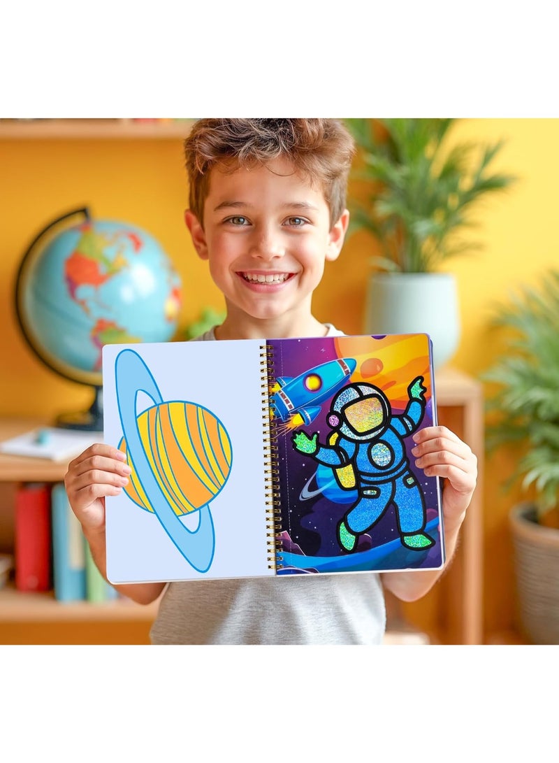 Capstro Foil Art Craft Sticker Book – Astronaut Magic Art Album | 16 Foil & 16 Coloring Pages + 80 Foil Sheets & Bamboo Stick | DIY Space Foil Art Book for Kids Age 3+ | Creative Galaxy Craft Gift for Boys & Girls - Image 5