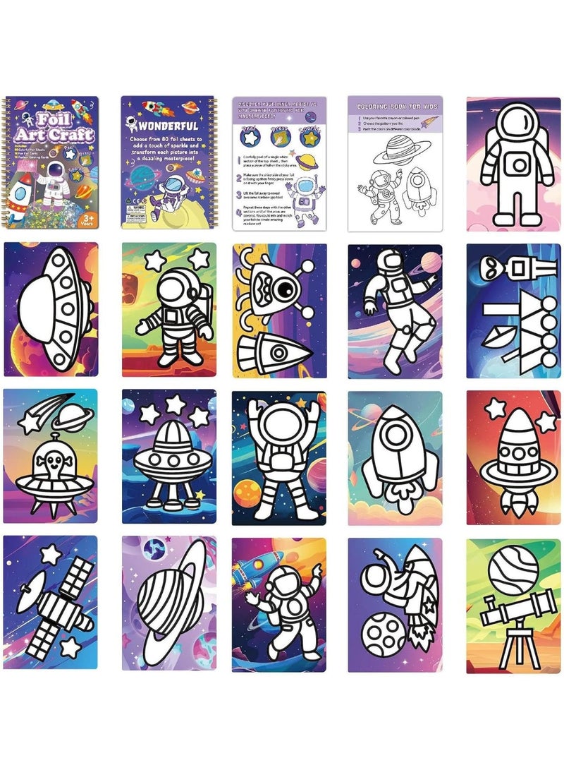 Capstro Foil Art Craft Sticker Book – Astronaut Magic Art Album | 16 Foil & 16 Coloring Pages + 80 Foil Sheets & Bamboo Stick | DIY Space Foil Art Book for Kids Age 3+ | Creative Galaxy Craft Gift for Boys & Girls - Image 2