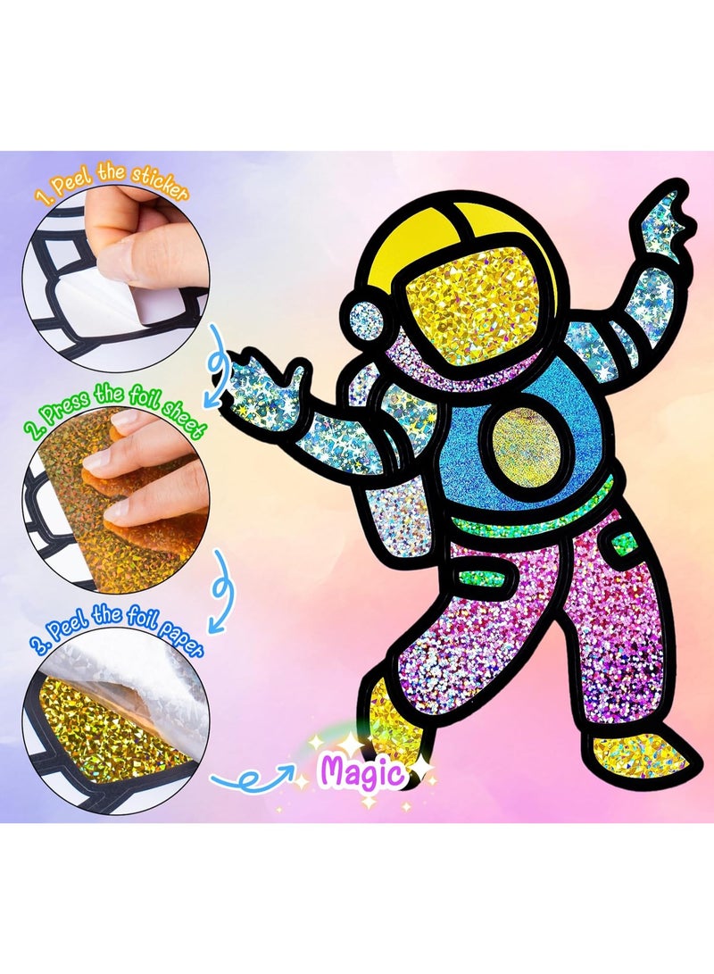 Capstro Foil Art Craft Sticker Book – Astronaut Magic Art Album | 16 Foil & 16 Coloring Pages + 80 Foil Sheets & Bamboo Stick | DIY Space Foil Art Book for Kids Age 3+ | Creative Galaxy Craft Gift for Boys & Girls - Image 4