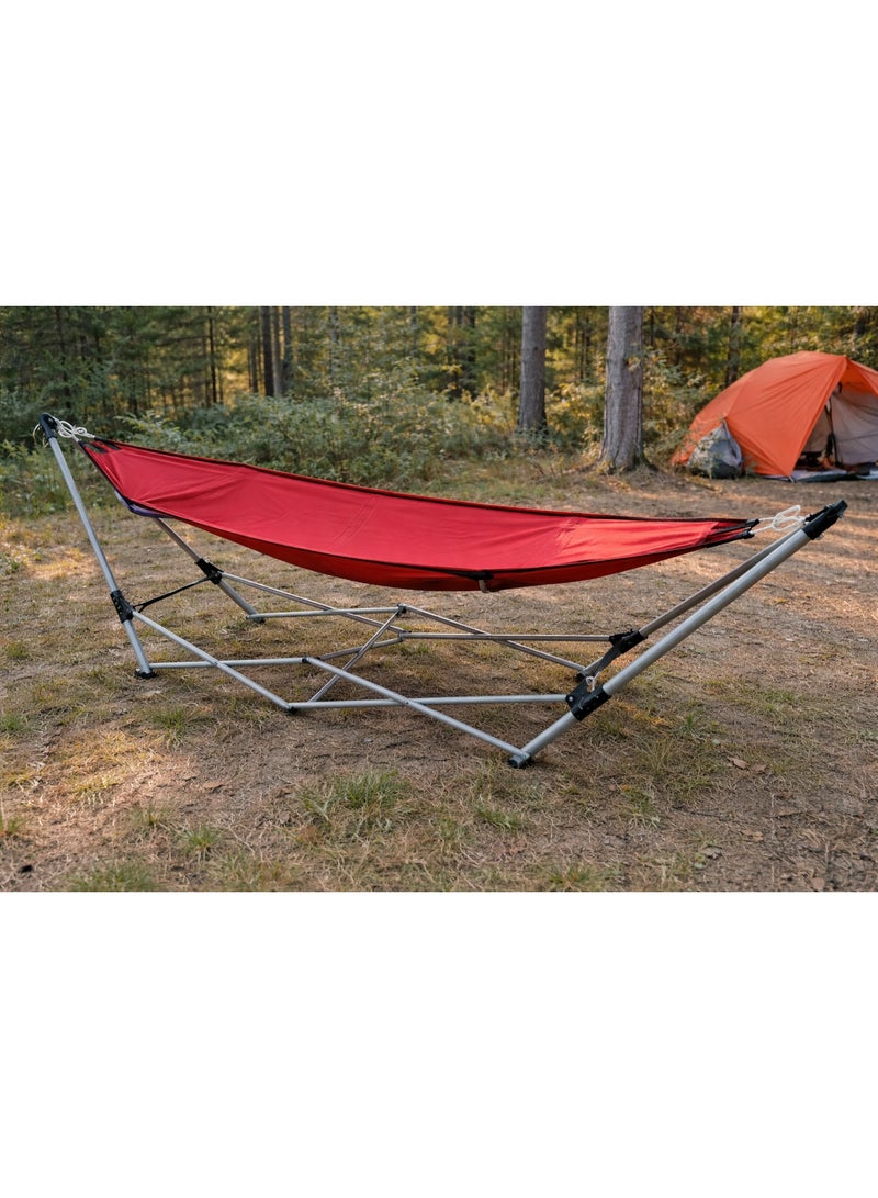 Portable camping hammock with foldable metal stand – red - Image 1