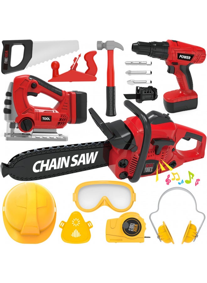 EP EXERCISE N PLAY Kids Tool Set with Electric Toy Drill Chainsaw Jigsaw Toy Tools, Realistic Kids Power Construction Pretend Play Tools Set Toy STEM Playset Toddler Toys Kit for Toddler Boy Girl Kid Child Tool Set Toy  - Image 1