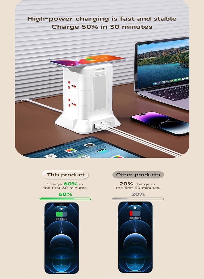 سلك تمديد طاقة 5 في 1 6 منافذ عالمية 2 منافذ شحن سريع USB منفذ 1 من النوع C ، مزود بشحن لاسلكي ، مع مصباح دوار ، مقبس ثنائي الطبقة متعدد الوظائف ، سلك تمديد برجي مع فتحات USB ، كابل تمديد 2 متر - Image 4