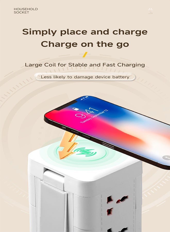 سلك تمديد طاقة 5 في 1 6 منافذ عالمية 2 منافذ شحن سريع USB منفذ 1 من النوع C ، مزود بشحن لاسلكي ، مع مصباح دوار ، مقبس ثنائي الطبقة متعدد الوظائف ، سلك تمديد برجي مع فتحات USB ، كابل تمديد 2 متر - Image 3