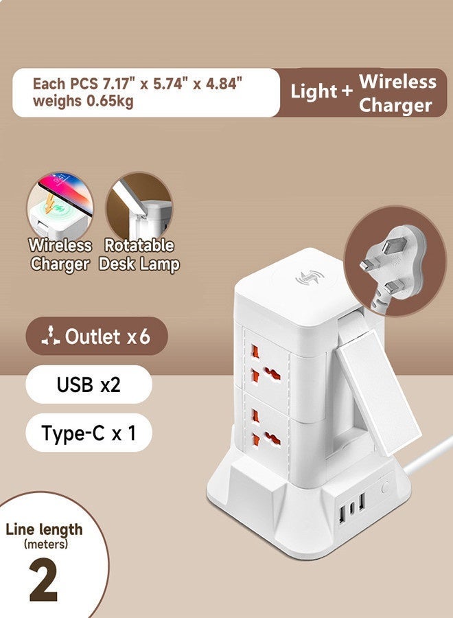 سلك تمديد طاقة 5 في 1 6 منافذ عالمية 2 منافذ شحن سريع USB منفذ 1 من النوع C ، مزود بشحن لاسلكي ، مع مصباح دوار ، مقبس ثنائي الطبقة متعدد الوظائف ، سلك تمديد برجي مع فتحات USB ، كابل تمديد 2 متر - Image 2