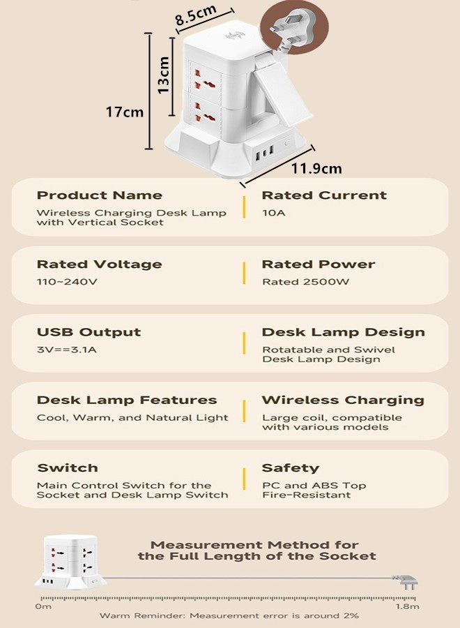 Saiboro 5-in-1 Power Extension Cord 6 Way Universal Outlets 2 USB Fast Charging Ports 1 Type-C port,Emergency Socket,Features wireless charging,With a swiveling lamp,Multi-Function Dual-Layer Socket,Tower Extension Lead with USB Slots，2m Extension Cable - Image 2