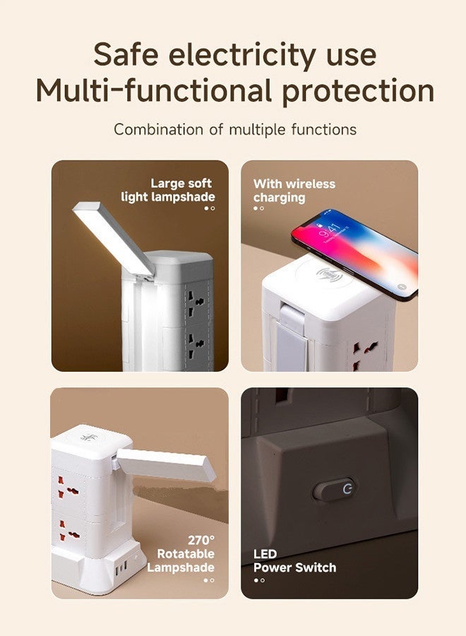 Saiboro 5-in-1 Power Extension Cord 6 Way Universal Outlets 2 USB Fast Charging Ports 1 Type-C port,Emergency Socket,Features wireless charging,With a swiveling lamp,Multi-Function Dual-Layer Socket,Tower Extension Lead with USB Slots，2m Extension Cable - Image 4