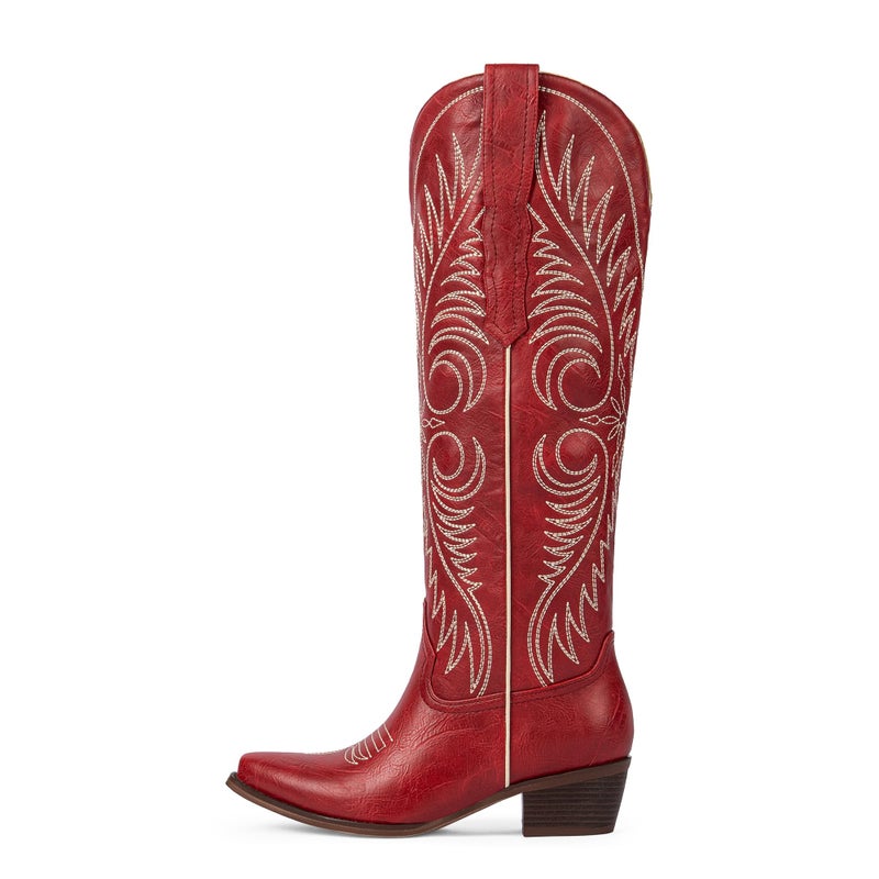 Modatope Red Western Boots for Women Knee High Cowgirl Boots Embroidered Cowboy Boots Pointed Toe Chunky Heel Pull On Wide Calf Tall Boot Size 7 - Image 4
