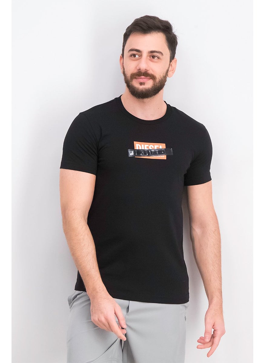 DIESEL Men Crew Neck Short Sleeve Brand Logo Print Tee, Black  - Image 1