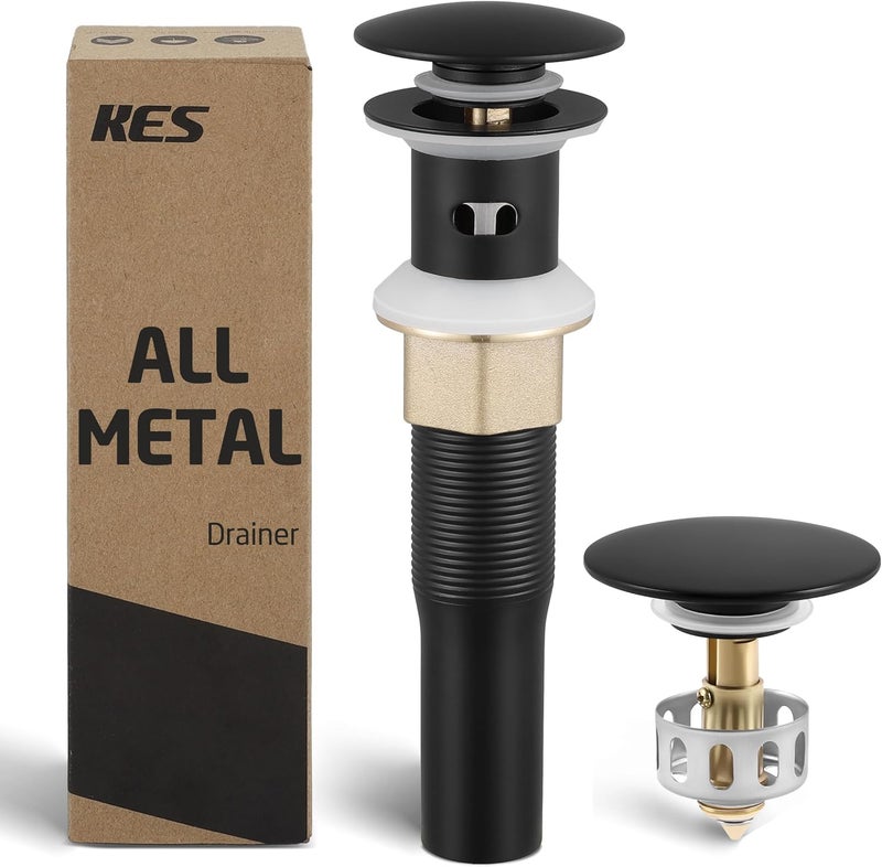 Kes All Metal Bathroom Sink Drain with Strainer Basket Hair Catcher Anti Clog Pop Up Drain Stopper for Lavatory Vanity Vessel Sink with Overflow, Rustproof 18/8 Stainless Steel Matte Black S2013A-BK - Image 1