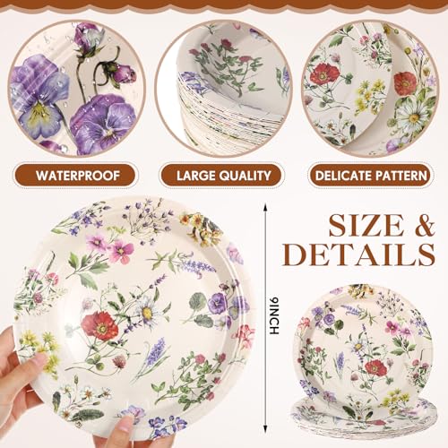 Zopeal 60 Pieces Wildflower Paper Plates 9 Inch Disposable Floral Plates Spring Summer Vintage Garden Flowers Dinner Birthday Decorations for Baby Shower Bridal Wedding Floral Tea Party Supplies - Image 3