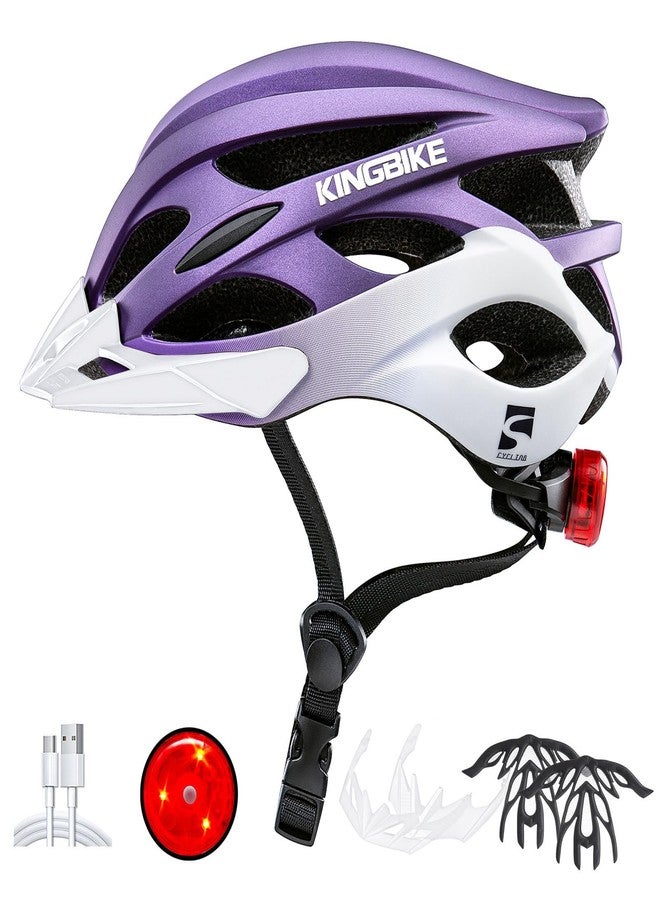 KINGBIKE Bike Helmet for Adult Men Women Youth Road Commute Mountain Cycling Helmets with USB Rechargeable Tail Light Replaceable Inner Pads and Visors Lightweight (PurpleWhite,M/L(20.4-22in) - Image 1