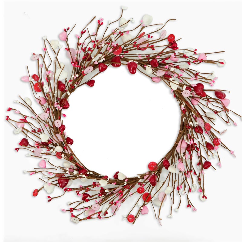 AMF0RESJ Valentine's Day Wreath Pink Heart Shaped Berry Wreath with Heart Berry,Wooden Button for Indoor Outdoor Wedding Anniversary Party Home Wall Window Festival Decor - Image 1
