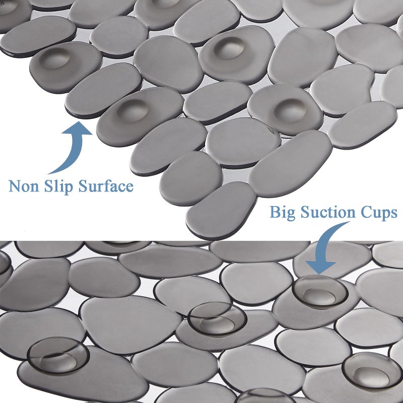 Webos Bath Shower Mat Non Slip: Extra Large Pebble Bathtub mat for Families, Anti Slip Shower Matt with Drain Holes Suction Cups Tub Mat - 16 X 40 Inch Clear Grey - Image 4