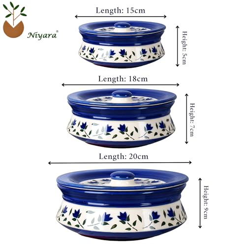 Niyara Premium Ceramic Casserole Set with Lids – Handcrafted Serving Bowls for Hot Food, Microwave & Dishwasher Safe – Perfect for Festive & Everyday Use – Set of 3 (Blue leaf) - Image 5