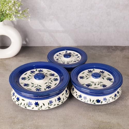 Niyara Premium Ceramic Casserole Set with Lids – Handcrafted Serving Bowls for Hot Food, Microwave & Dishwasher Safe – Perfect for Festive & Everyday Use – Set of 3 (Blue leaf) - Image 1