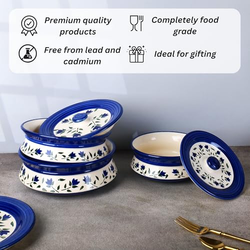 Niyara Premium Ceramic Casserole Set with Lids – Handcrafted Serving Bowls for Hot Food, Microwave & Dishwasher Safe – Perfect for Festive & Everyday Use – Set of 3 (Blue leaf) - Image 4