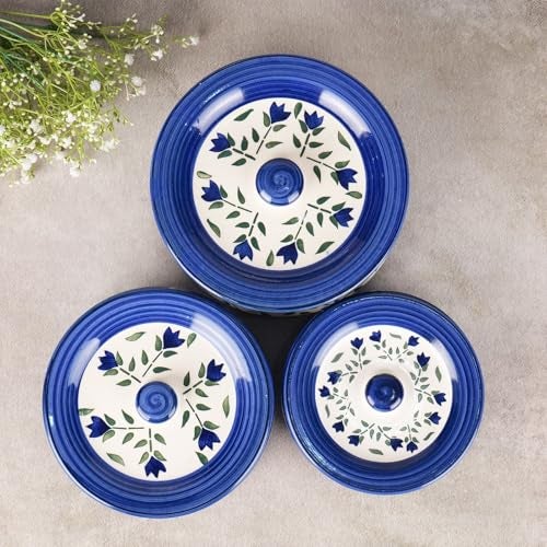 Niyara Premium Ceramic Casserole Set with Lids – Handcrafted Serving Bowls for Hot Food, Microwave & Dishwasher Safe – Perfect for Festive & Everyday Use – Set of 3 (Blue leaf) - Image 2