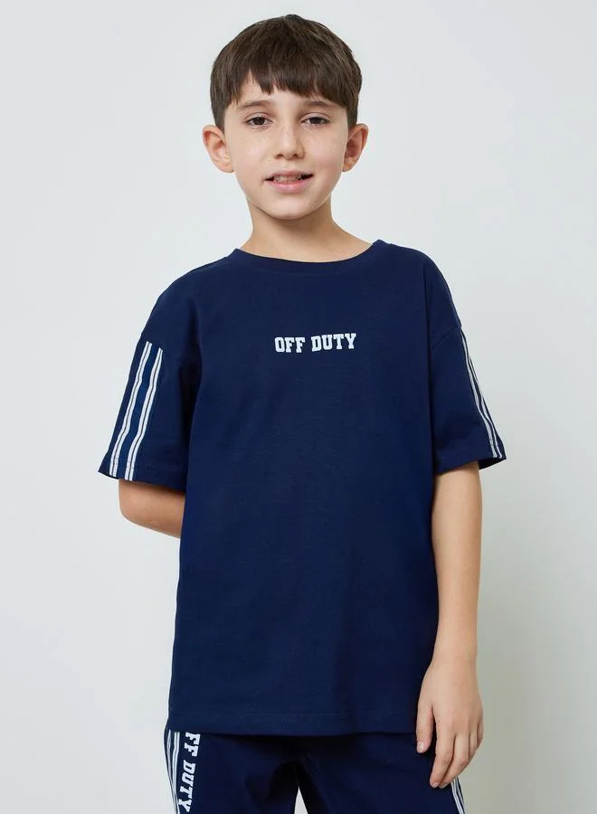 Styli Boys Navy Blue Graphic Print Oversized T-Shirt and Striped Joggers Set