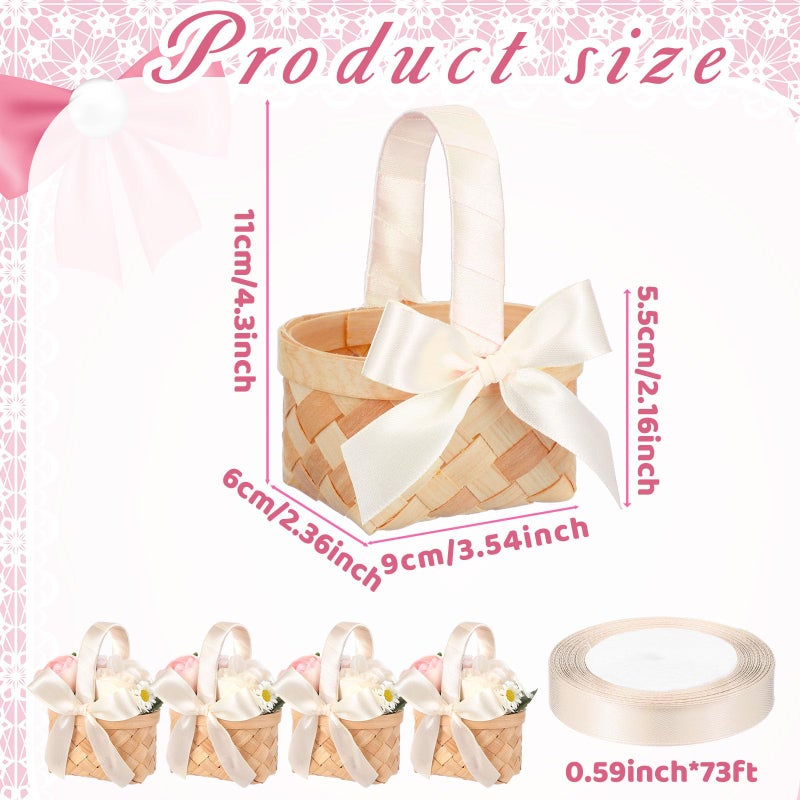 Geelin 12 Pcs Mini Flower Girl Basket Mini Woven Baskets with Handles Wood Chip Flower Fruit Picnic Holder with Pink Ribbon Chip Bucket for Wedding Party Gifts Baby Shower Birthday Party Decoration - Image 3