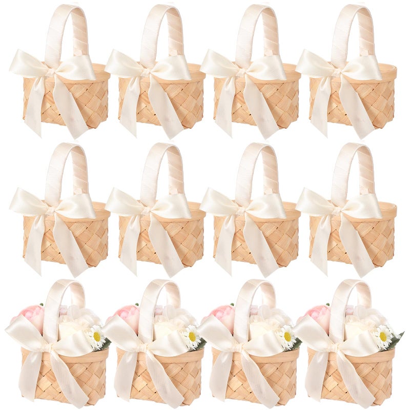 Geelin 12 Pcs Mini Flower Girl Basket Mini Woven Baskets with Handles Wood Chip Flower Fruit Picnic Holder with Pink Ribbon Chip Bucket for Wedding Party Gifts Baby Shower Birthday Party Decoration - Image 1