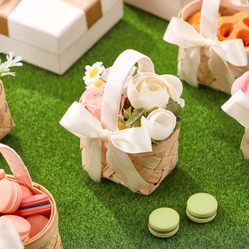 Geelin 12 Pcs Mini Flower Girl Basket Mini Woven Baskets with Handles Wood Chip Flower Fruit Picnic Holder with Pink Ribbon Chip Bucket for Wedding Party Gifts Baby Shower Birthday Party Decoration - Image 2