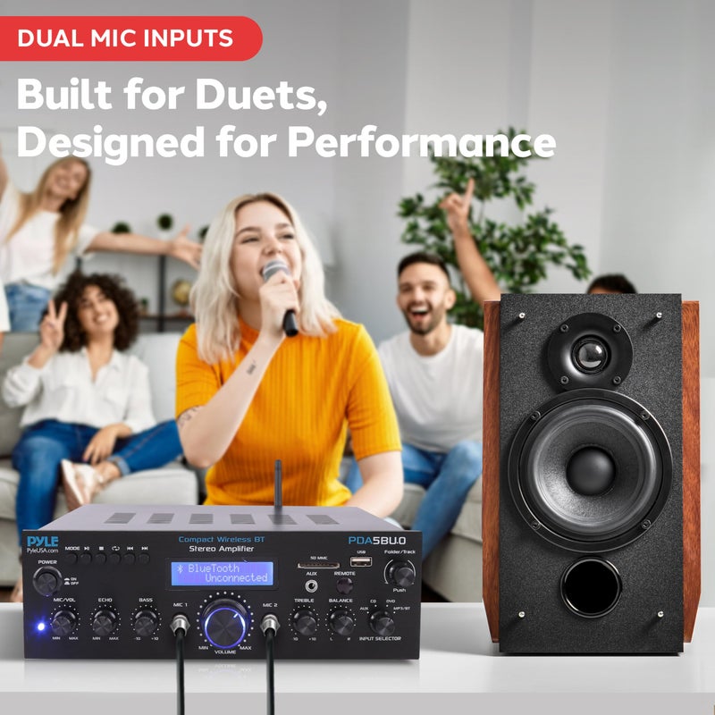 Pyle 200W Audio Stereo Receiver - Wireless Bluetooth Power Amplifier Home Entertainment System w/ AUX in, USB Port, 2 Karaoke Microphone Input, Remote, Black - PDA5BU.0 - Image 5