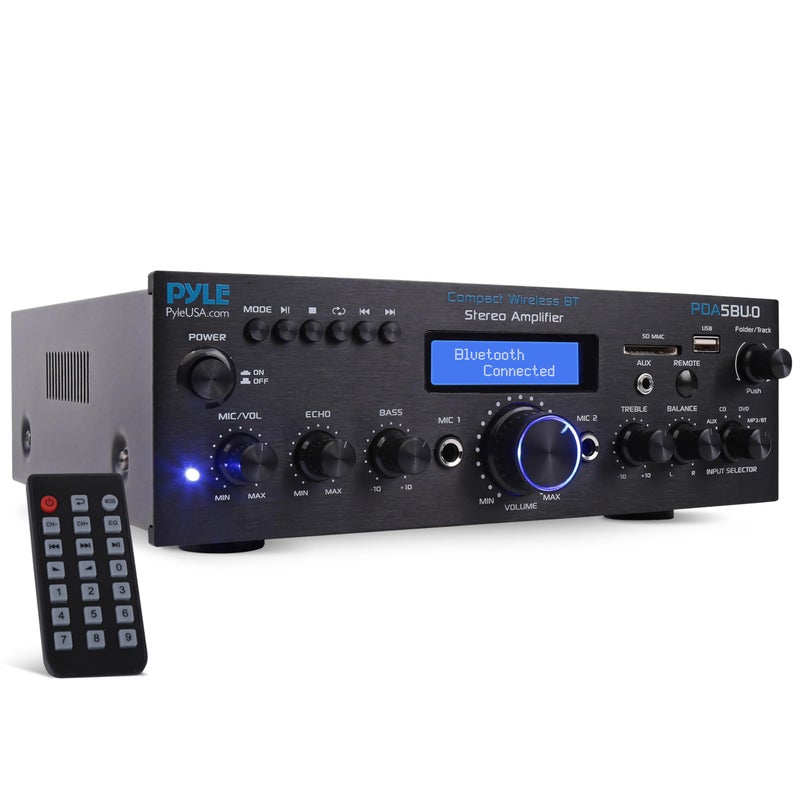 Pyle 200W Audio Stereo Receiver - Wireless Bluetooth Power Amplifier Home Entertainment System w/ AUX in, USB Port, 2 Karaoke Microphone Input, Remote, Black - PDA5BU.0 - Image 1