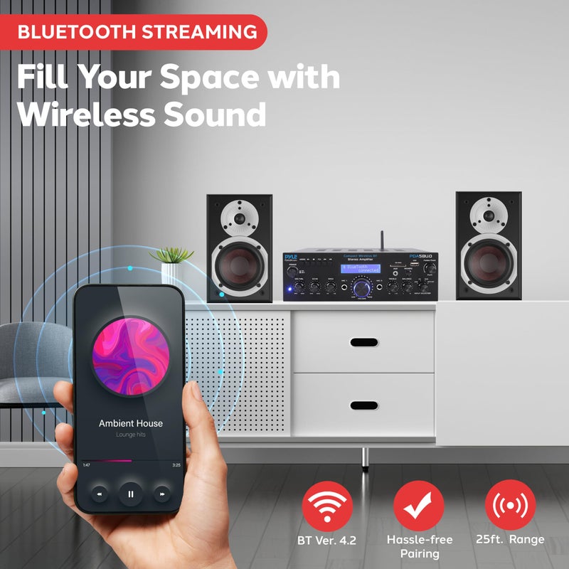 Pyle 200W Audio Stereo Receiver - Wireless Bluetooth Power Amplifier Home Entertainment System w/ AUX in, USB Port, 2 Karaoke Microphone Input, Remote, Black - PDA5BU.0 - Image 4