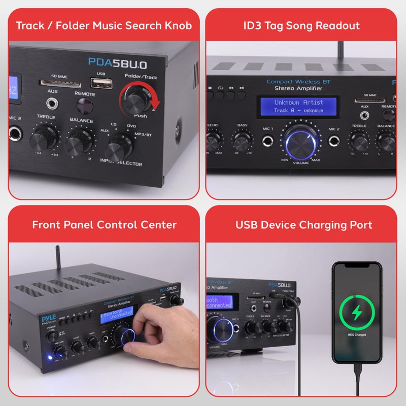 Pyle 200W Audio Stereo Receiver - Wireless Bluetooth Power Amplifier Home Entertainment System w/ AUX in, USB Port, 2 Karaoke Microphone Input, Remote, Black - PDA5BU.0 - Image 3
