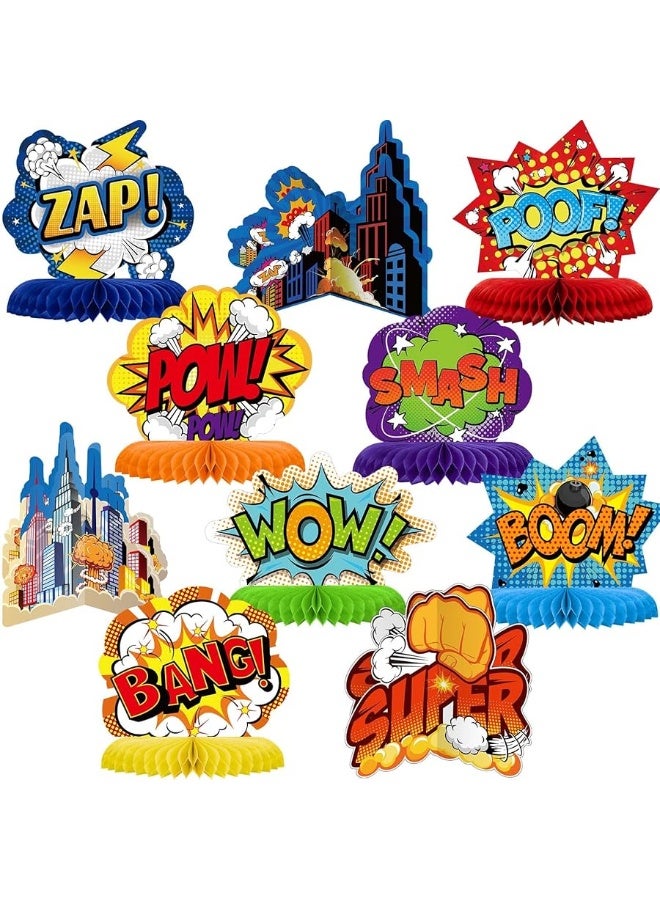 Containlol 10 Pieces Hero Themed Party Decorations Honeycomb Centerpieces Action Sign Table Topper Sign Standing Cards for Birthday Party Baby Shower Decor Supplies - Image 5