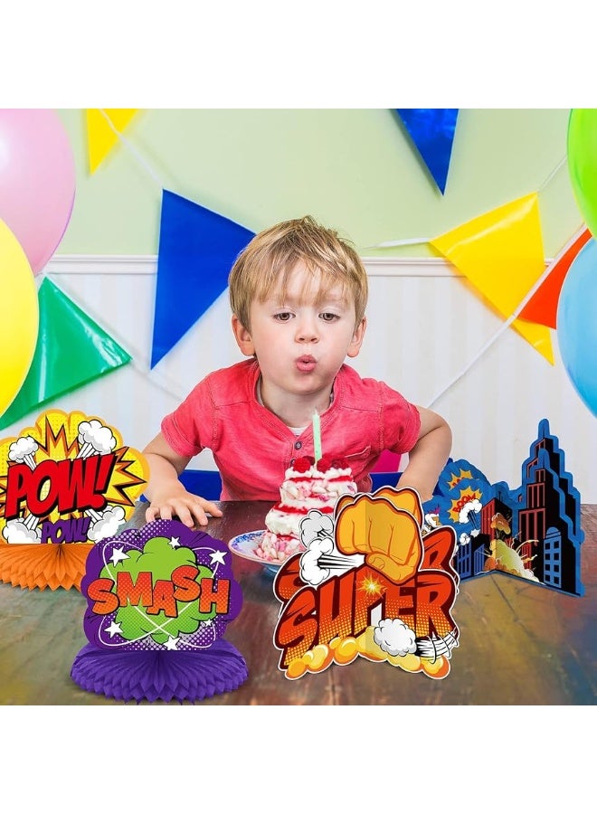 Containlol 10 Pieces Hero Themed Party Decorations Honeycomb Centerpieces Action Sign Table Topper Sign Standing Cards for Birthday Party Baby Shower Decor Supplies - Image 2