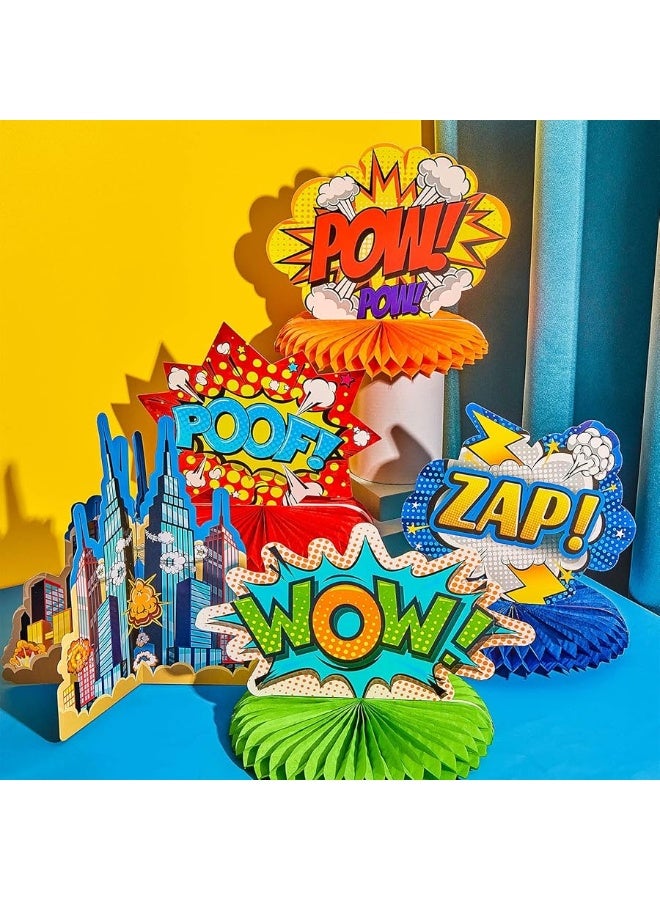 Containlol 10 Pieces Hero Themed Party Decorations Honeycomb Centerpieces Action Sign Table Topper Sign Standing Cards for Birthday Party Baby Shower Decor Supplies - Image 1