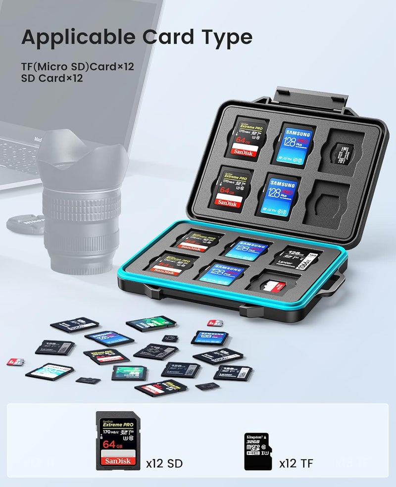 Orico 24 Slots SD Card Case Holder Water Resistant & Anti-Shock Memory Card Case for SD/Micro SD SDXC SDHC TF Card Carrying Storage Organizer Protector Cover with Labels&Carabiner - Image 2
