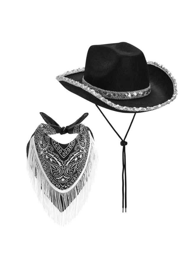 2-Piece Western Cowboy Costume Set with Black Sequin Hat and Fringed Bandana - Image 1