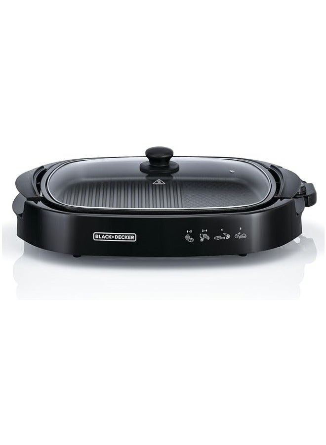 BLACK+DECKER Electric Health Grill, Family-Sized Non-Stick Griddle with Glass Lid, 5-Level Temperature Control, Cool-Touch Handles, Efficient Fat Draining, Dishwasher Safe, 1500 W GH1500-B5 Black - Image 2