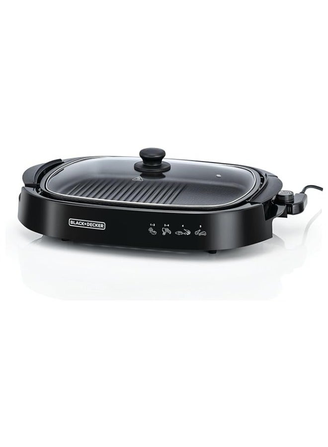 BLACK+DECKER Electric Health Grill, Family-Sized Non-Stick Griddle with Glass Lid, 5-Level Temperature Control, Cool-Touch Handles, Efficient Fat Draining, Dishwasher Safe, 1500 W GH1500-B5 Black - Image 1