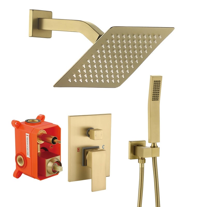 JOYWELL Shower Faucet Brushed Gold Shower System 8 Inches Rain Shower and Handheld Shower Combo,2-Function Pressure Balance Shower Fixtures,Included Shower Trim Kit - Image 1