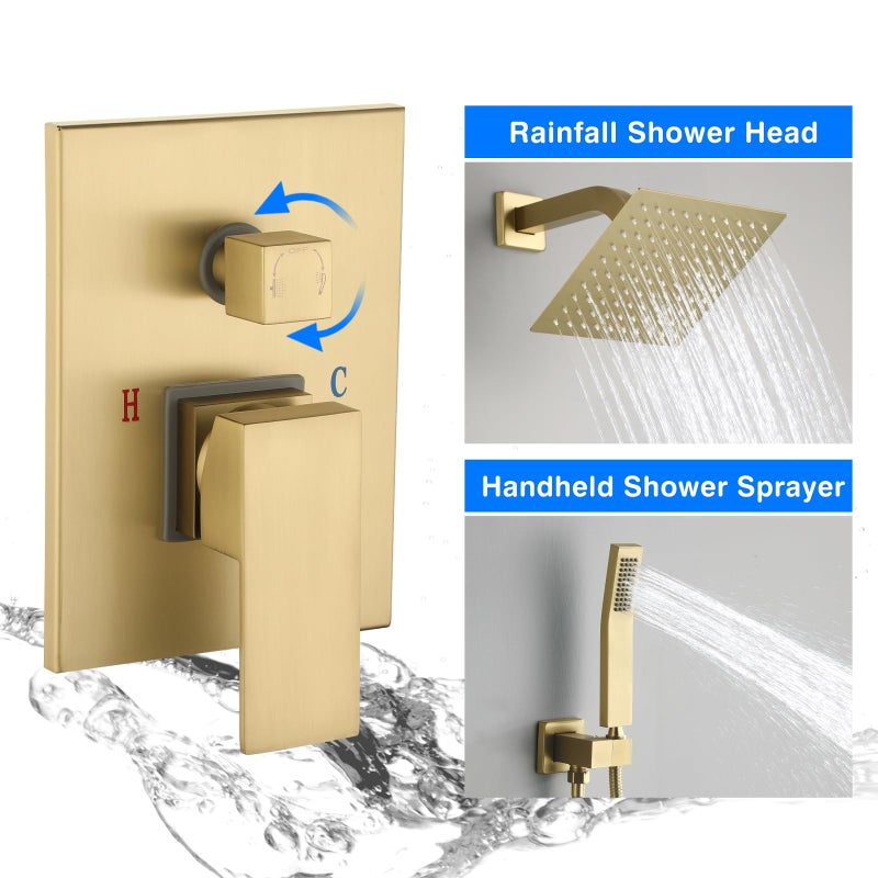 JOYWELL Shower Faucet Brushed Gold Shower System 8 Inches Rain Shower and Handheld Shower Combo,2-Function Pressure Balance Shower Fixtures,Included Shower Trim Kit - Image 5