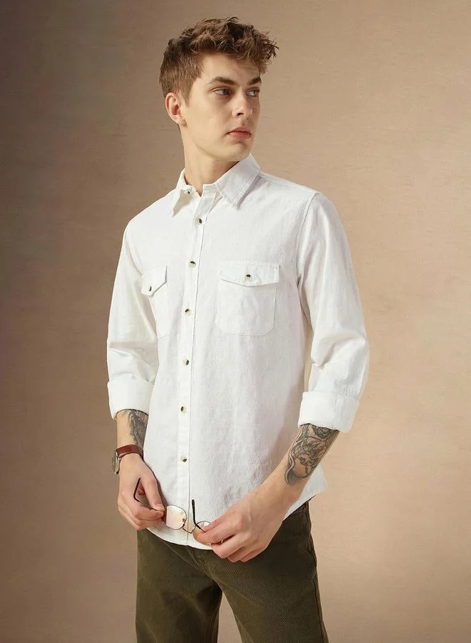 Dennis Lingo Dennis Lingo Solid Relaxed Fit Spread Collar Shirt with Pockets