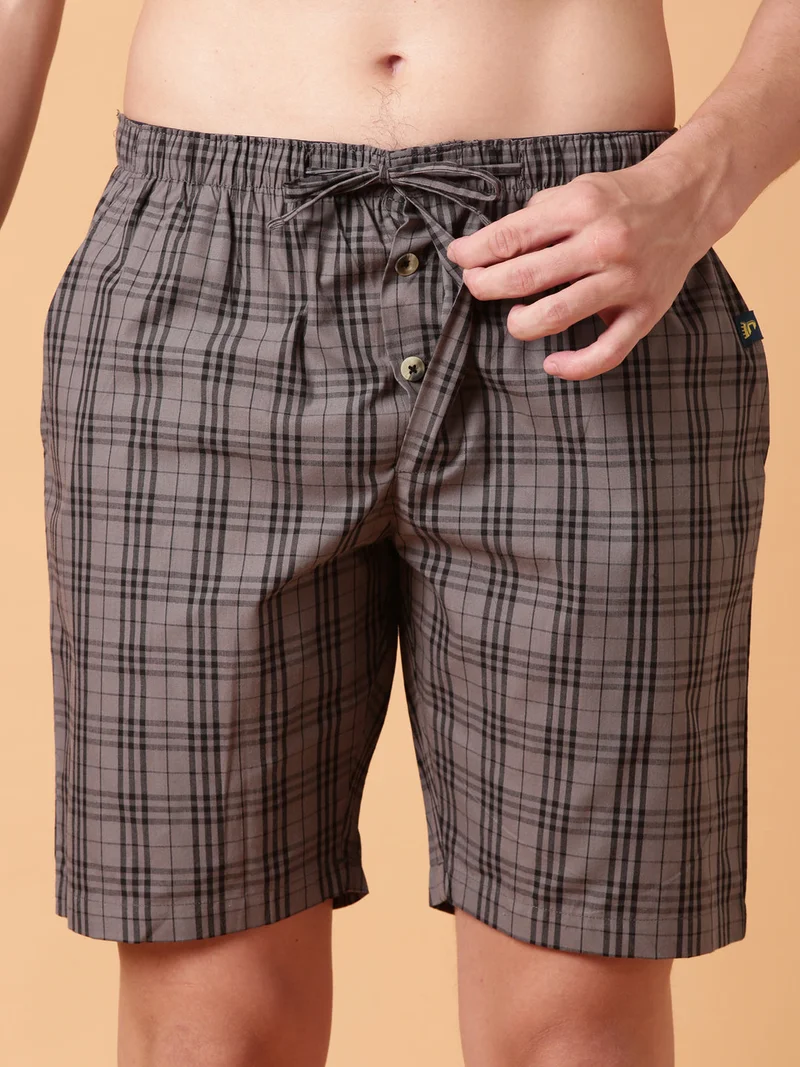 Joven Charcoal Grey JOVEN Men Checked Cotton Lounge Shorts  | Best Price UAE