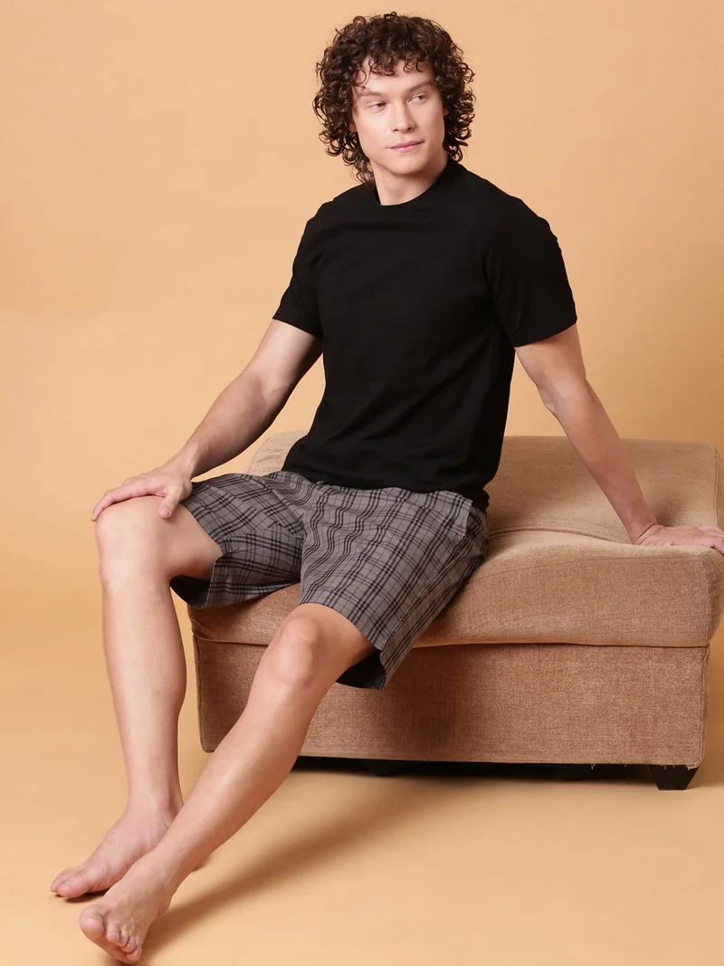 Joven Charcoal Grey JOVEN Men Checked Cotton Lounge Shorts  | Best Price UAE