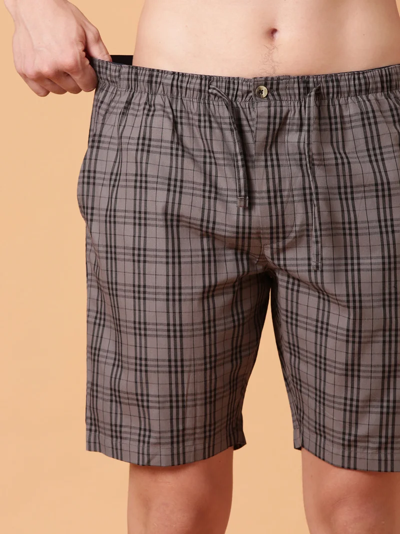 Joven Charcoal Grey JOVEN Men Checked Cotton Lounge Shorts  | Best Price UAE