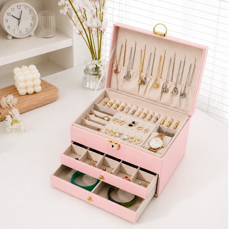 O2. Pink 3-Layer Velvet Jewelry Organizer Box – Customizable Storage Case for Earrings, Rings & Necklaces – Elegant Gift for Women & Girls - Image 3